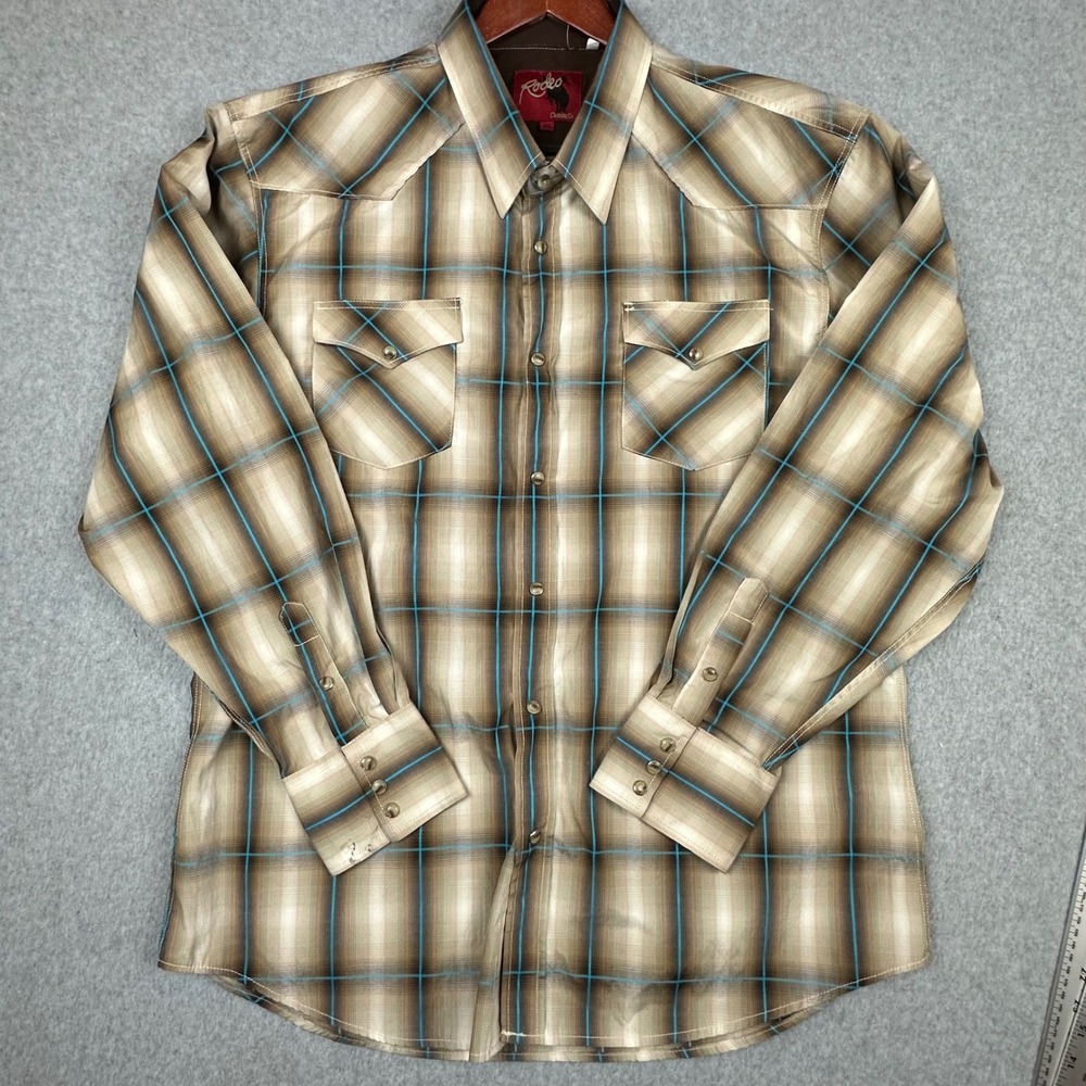 Rodeo Clothing Co Mens 3XL Western Snap Shirt Brown Plaid Pearl Snap Long Sleeve
